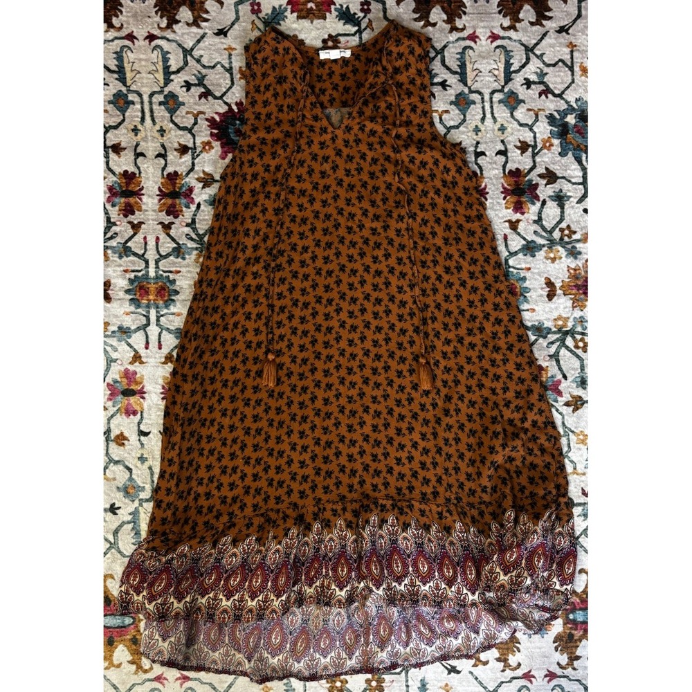 Beach Lunch Lounge Dress Brown XS A-line Sleeveless Contrast Ruffle Tassel